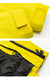 Close-up detail shots of yellow jacket showing zipper construction and fabric texture