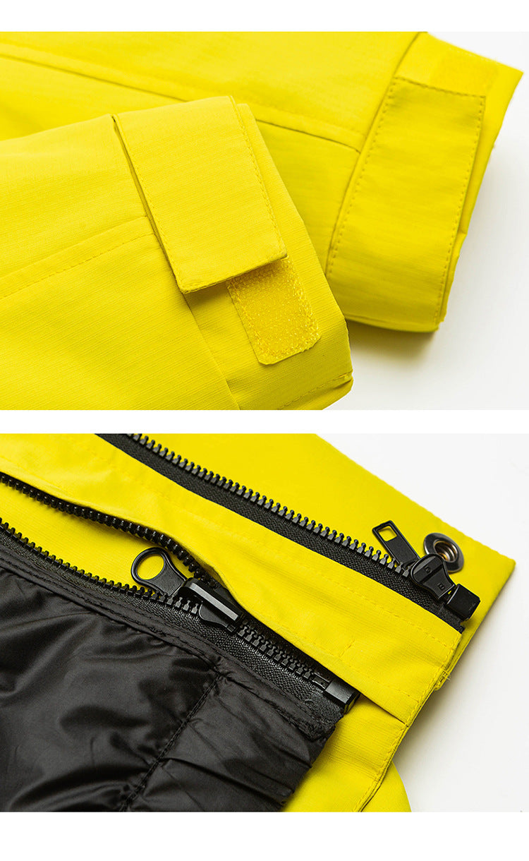 Close-up detail shots of yellow jacket showing zipper construction and fabric texture