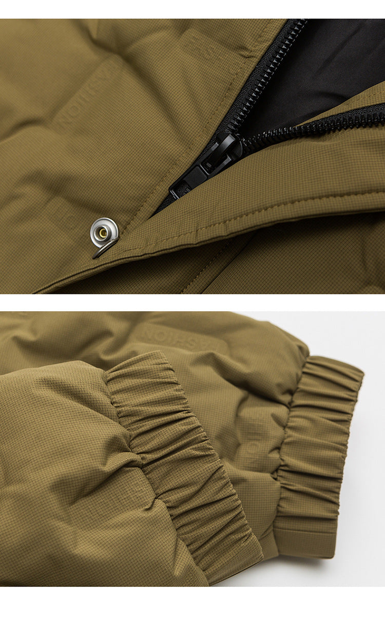 Black hexagonal-quilted puffer jacket with hood and EXPLORERA logo displayed flat against light gray background