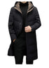 Close-up of a man in a black hooded down coat with a brown inner lining, revealing the coat’s snap buttons and high collar design