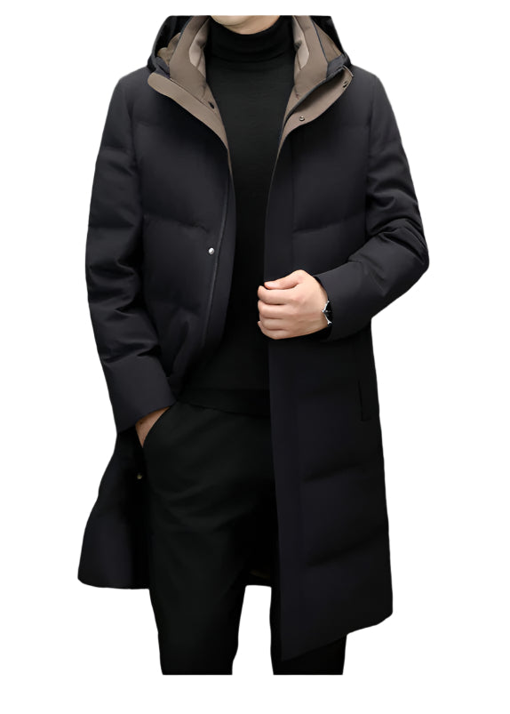 Close-up of a man in a black hooded down coat with a brown inner lining, revealing the coat’s snap buttons and high collar design