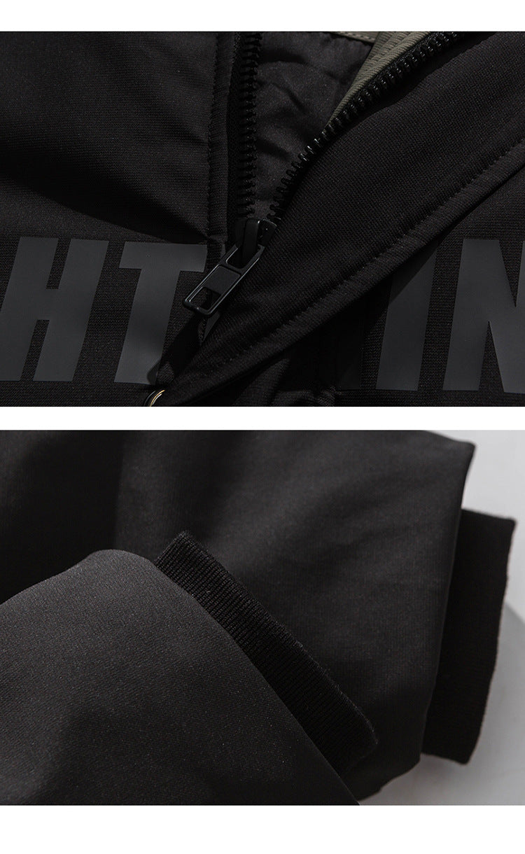 Close-up details of black NEIGHBORHOOD parka showing zipper construction and fabric texture in split image format