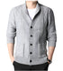 Light gray cable knit cardigan with shawl collar, black buttons, and textured diamond pattern, displayed on mannequin with white undershirt and black pants