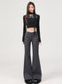 Front view, full-body shot of gray flared pants with low waist and slim Y2K fit.