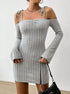 Gray ribbed bodycon dress with off-shoulder long sleeves and tie straps, styled with silver jewelry and a black bag