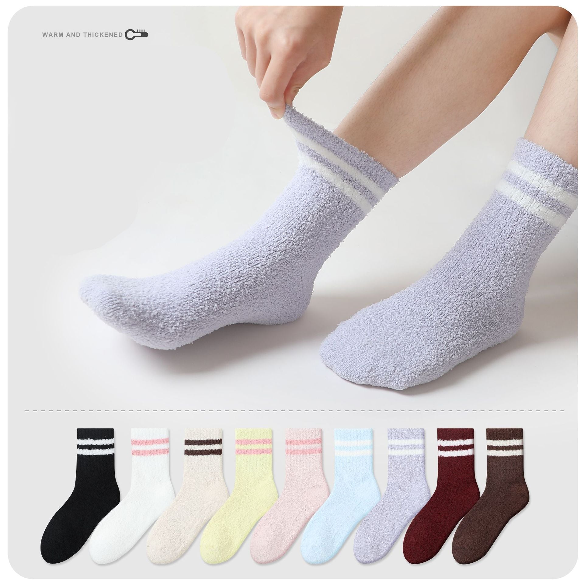Light gray cozy crew socks with white stripes, shown with stretchy fluffy texture. Collection of nine pastel and neutral colored socks displayed below