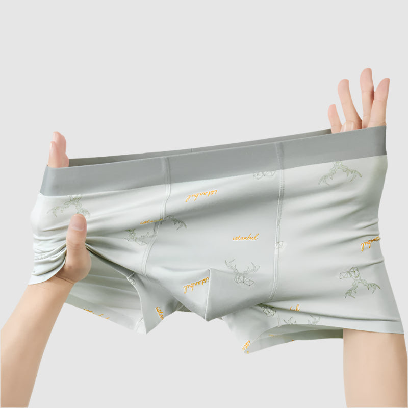 Light gray men's underwear with stretch test demonstration showing elastic fabric quality