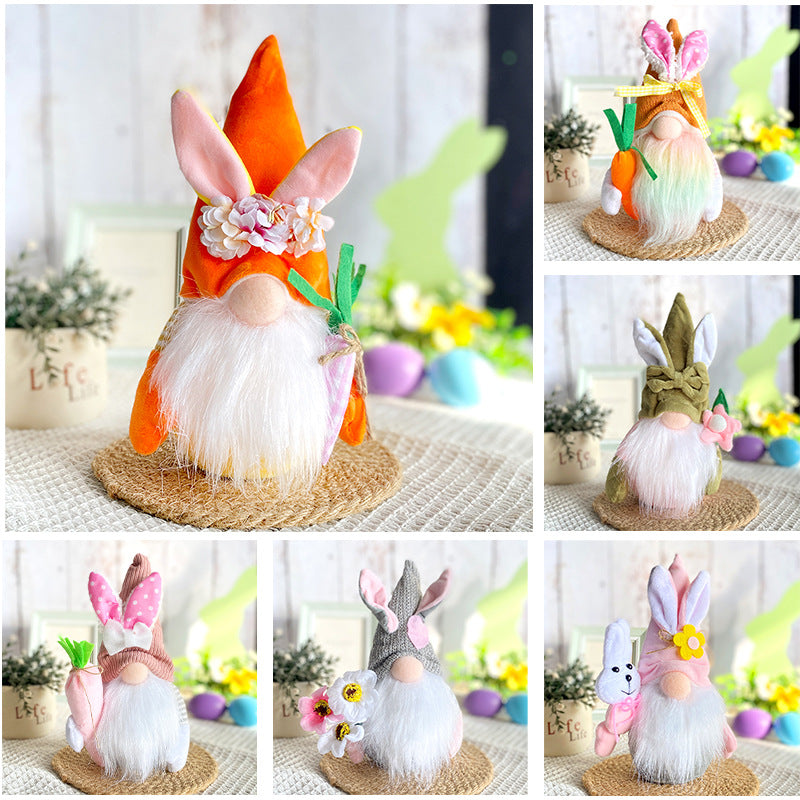 A collection of six Easter gnome plush toys with bunny ears, each holding a themed decoration, set against a festive background.