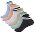 Collection of six ankle socks in pastel colors with white stripes including blue, peach, white, beige, mint green, and black
