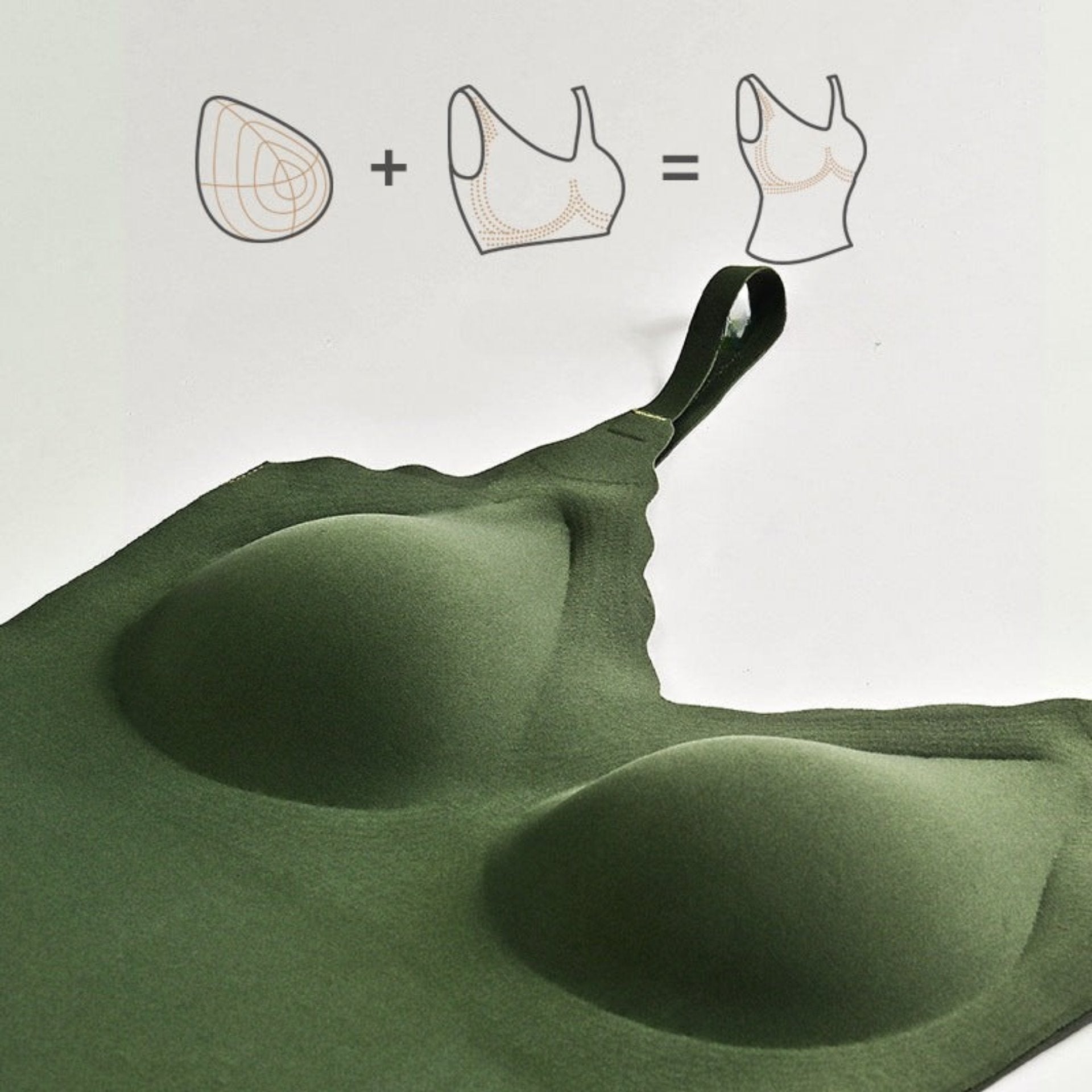 Close-up of a dark green bra with molded cups, designed for stability and support.