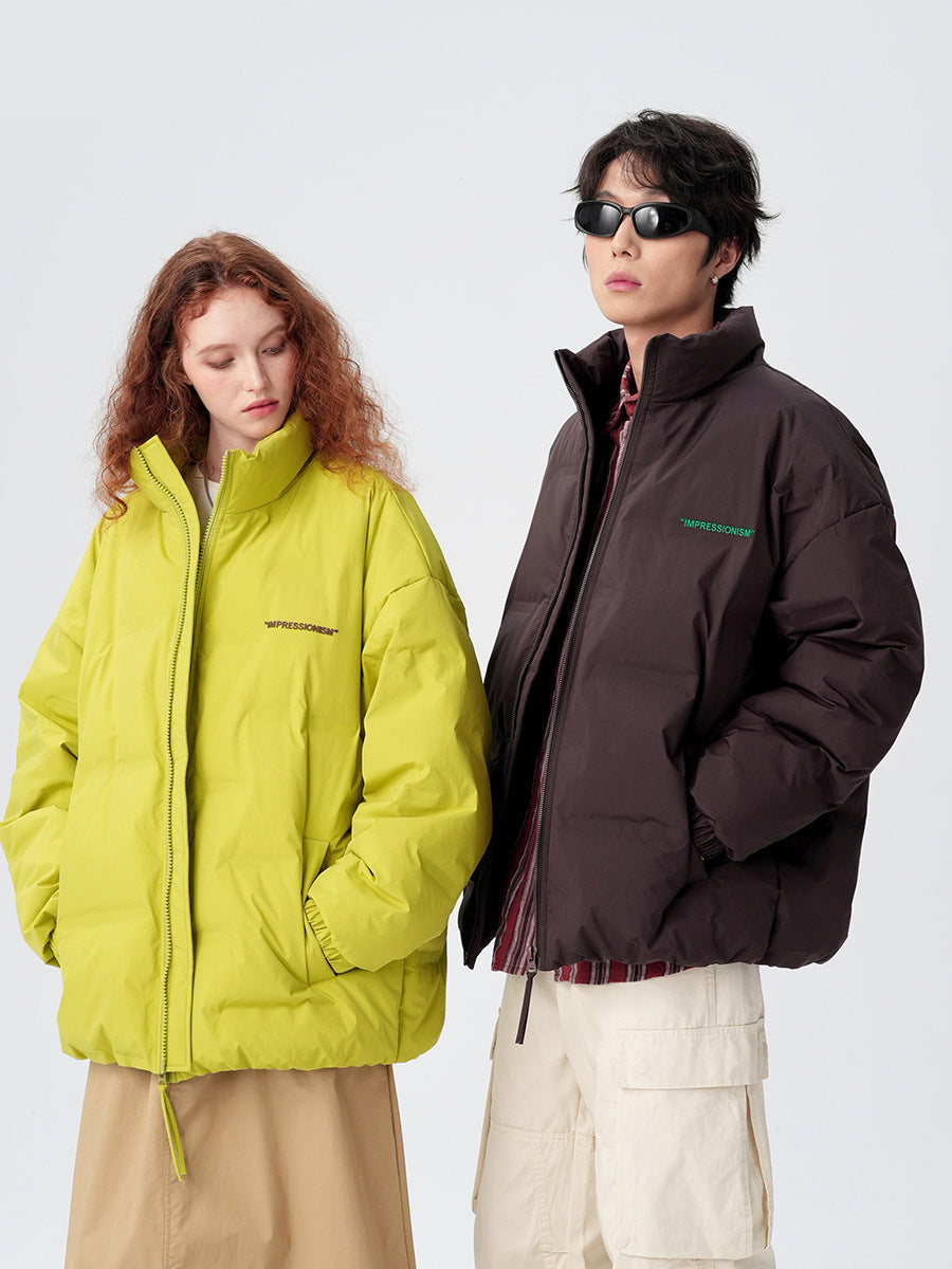 Models wearing Impressionism puffer jackets in yellow and brown, styled with casual wear