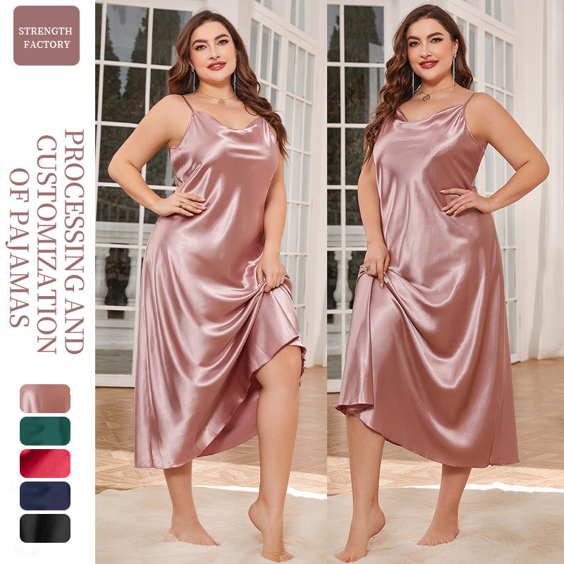 Plus-Size Satin-Feel Long Dress with V-Neck and Sleeveless Design