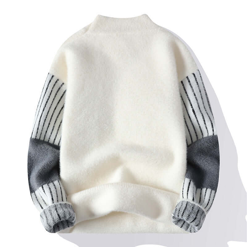 White mockneck sweater with striped sleeves and gray accents, back view