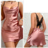 Satin mini dress with cowl neck and butterfly back detail shown in multiple angles