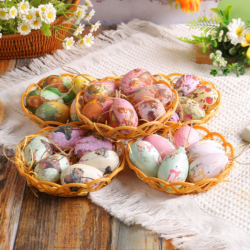 Assorted vintage-style Easter eggs with floral and bunny prints arranged in decorative woven baskets on a cozy table setting.