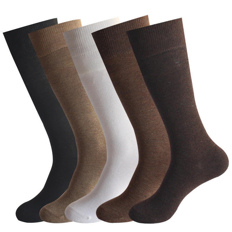 Five different colored dress socks arranged side by side including black, tan, white, dark brown, and chocolate brown against white background