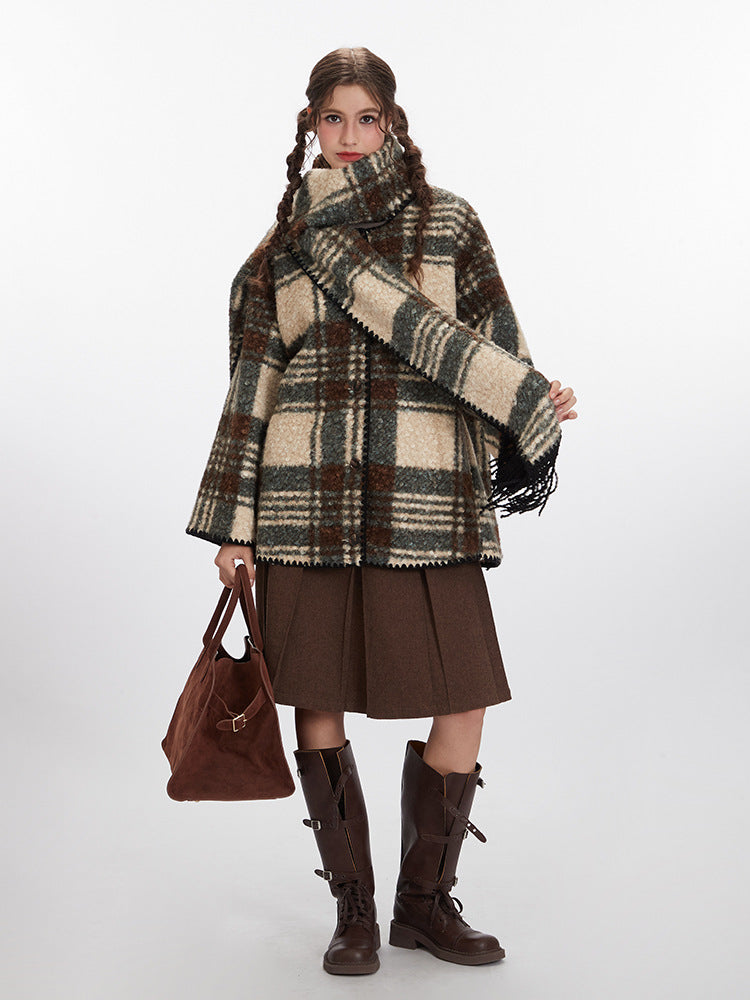 Plaid Pattern Mid-Length Coat with Scarf Collar