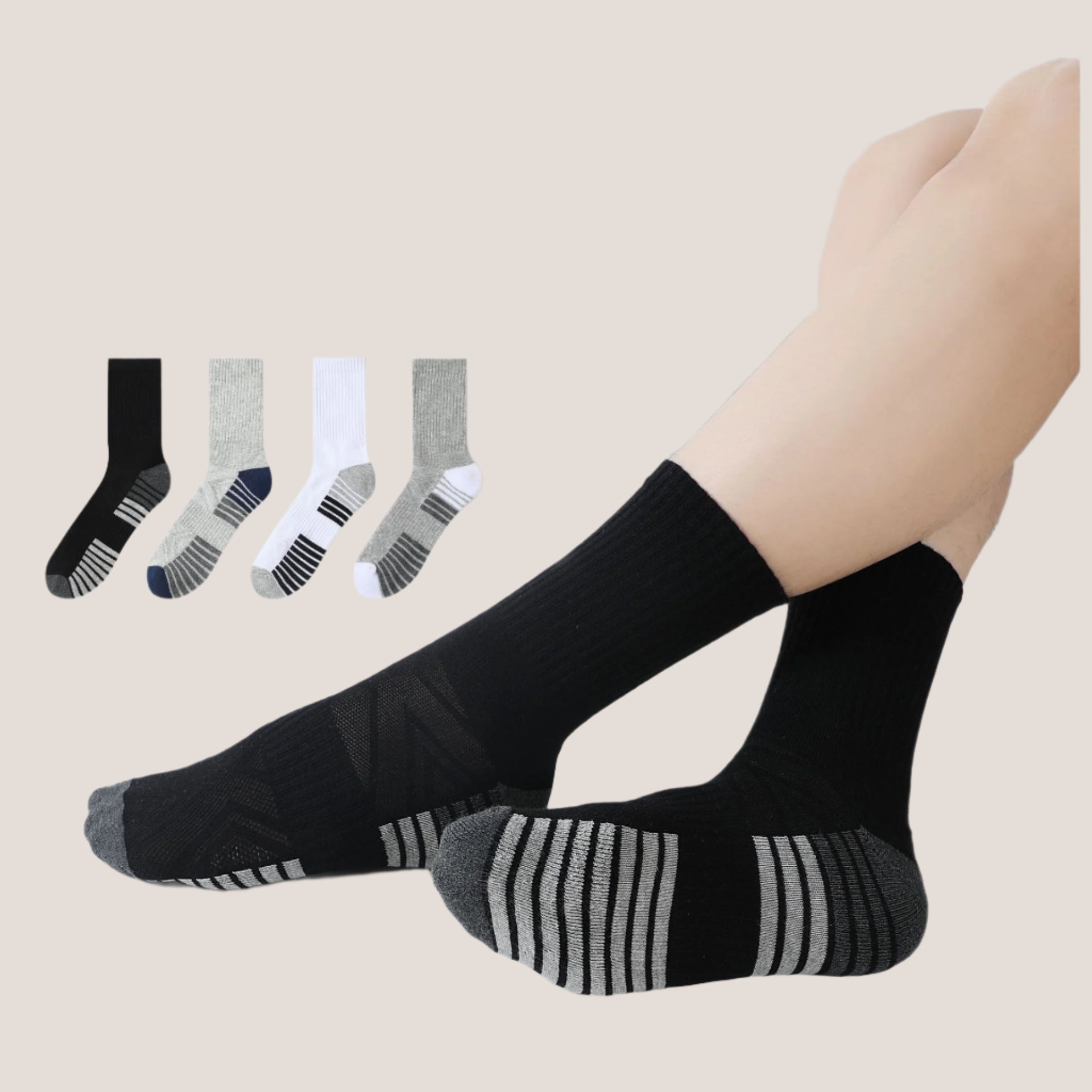 7A anti-odor sport socks in black with gray striped cushioning, displayed with color variants including white, gray, and navy accents