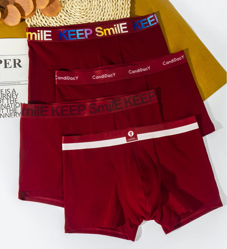 Four burgundy men's underwear styles with different waistbands arranged on decorative surface against light background