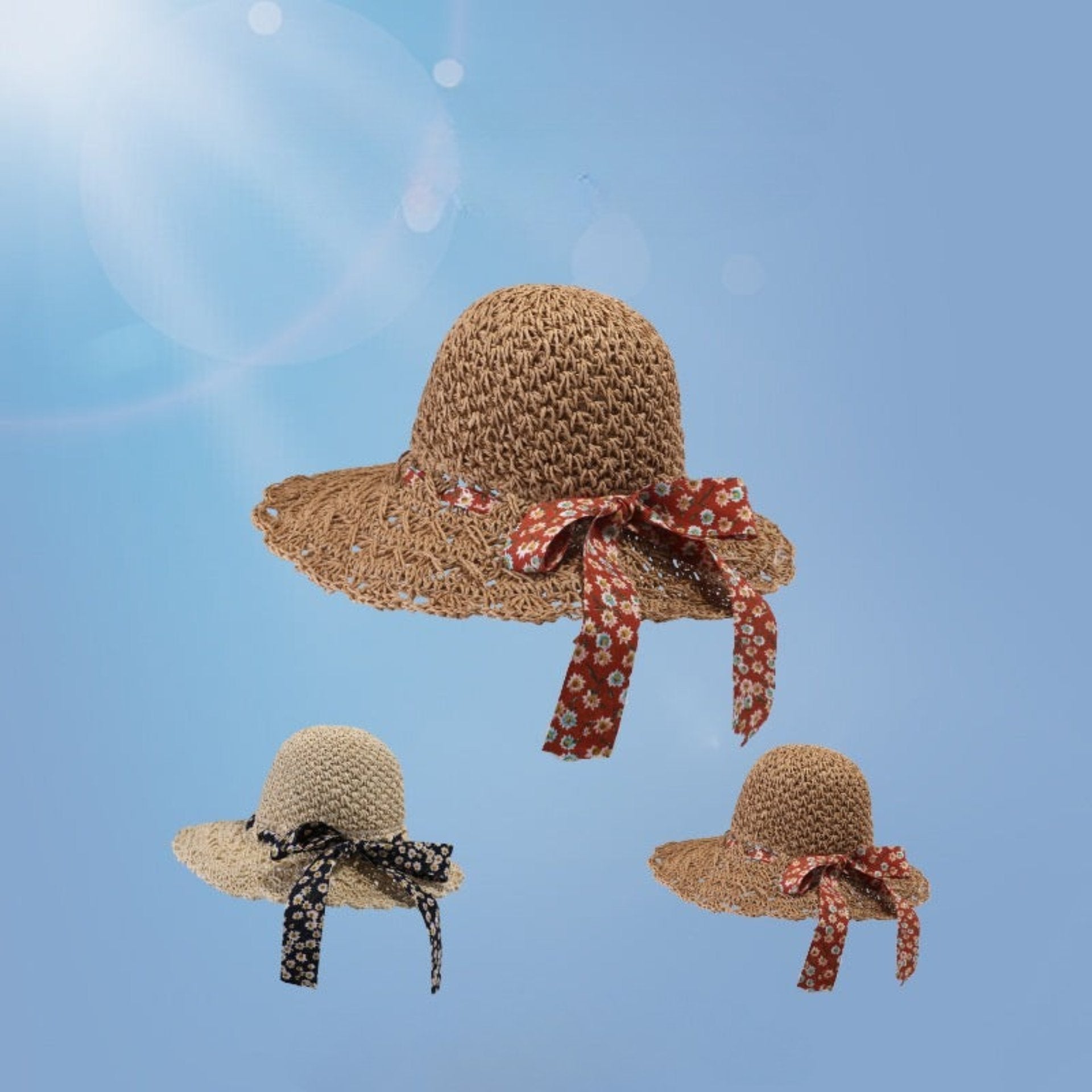 Collection of breathable straw sun hats in brown and beige, featuring floral bows and wide-brim designs, displayed on a blue backdrop.