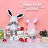 White and pink bunny gnome plushies with houndstooth legs sitting on books against a pink background with Easter decorations.