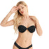 Blonde woman in black strapless bra, leaning her head with eyes closed against her hand