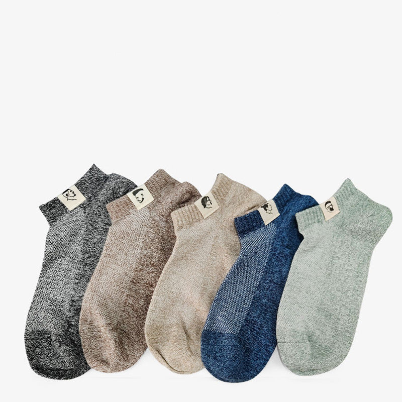 6-pack breathable no-show cotton socks in neutral tones with comfort tags, arranged in gradient display