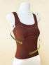 Brown ribbed shapewear tank top with built-in bra, highlighting slimming and support features.