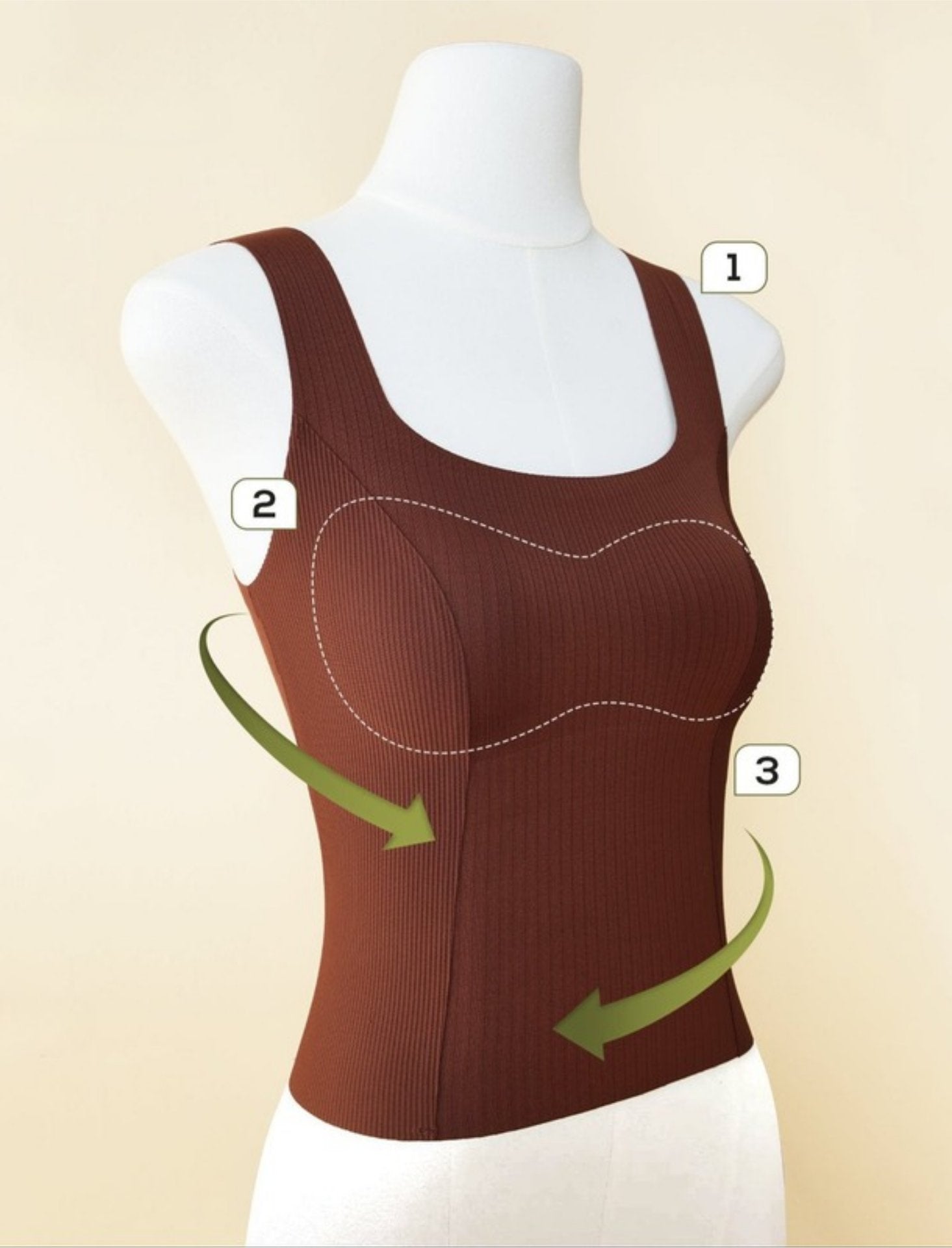 Brown ribbed shapewear tank top with built-in bra, highlighting slimming and support features.