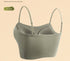 Olive green seamless bra with adjustable spaghetti straps, designed for a flattering back silhouette.