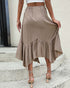 Back view of a khaki ruffle midi skirt with an elastic waist, showing its flowy silhouette and asymmetrical hem.