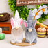 A pair of Easter gnome plush toys with bunny ears, one in white and the other in gray, displayed on a table with festive decorations.