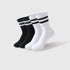 A set of four athletic crew socks in black and white, each featuring two bold black stripes near the top, displayed against a plain white background