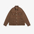 Brown denim jacket with silver buttons and dual chest pockets displayed flat against white background