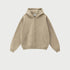 Beige oversized zip-up hoodie with front kangaroo pocket and ribbed cuffs displayed on light gray background