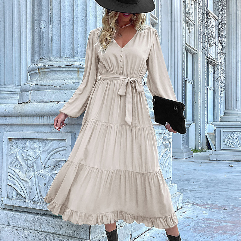 cream tiered maxi dress Elegant Long-Sleeve Solid Color Maxi Dress for Fall and Winter – Versatile  and Chic – ZINNTRA