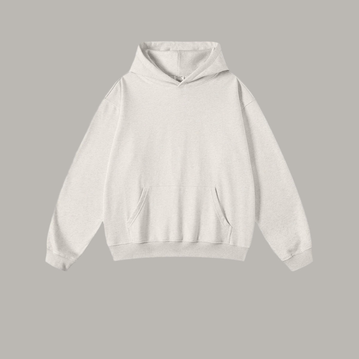 Pure white hoodie with kangaroo pocket and drawstring hood on light gray background