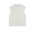 Off-white/cream oversized sleeveless muscle tee with crew neckline and manufacturer's tag visible, displayed flat against white background