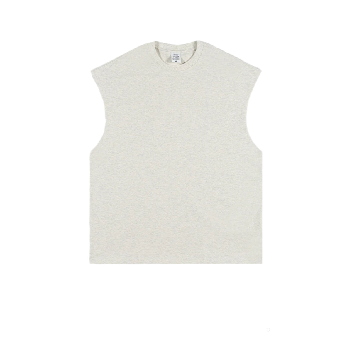 Off-white/cream oversized sleeveless muscle tee with crew neckline and manufacturer's tag visible, displayed flat against white background