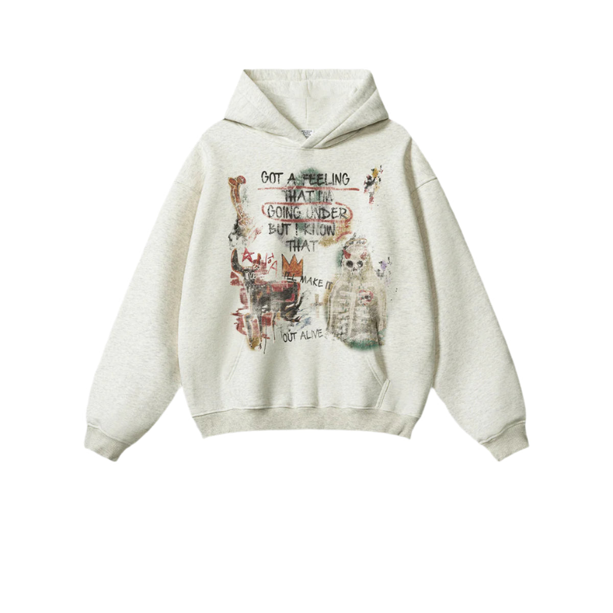 A light oatmeal oversized hoodie with distressed graphic print featuring artistic text and abstract imagery, displayed with front kangaroo pocket