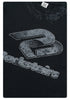 Detail of distressed Backstairs logo print with halftone effect on black t-shirt