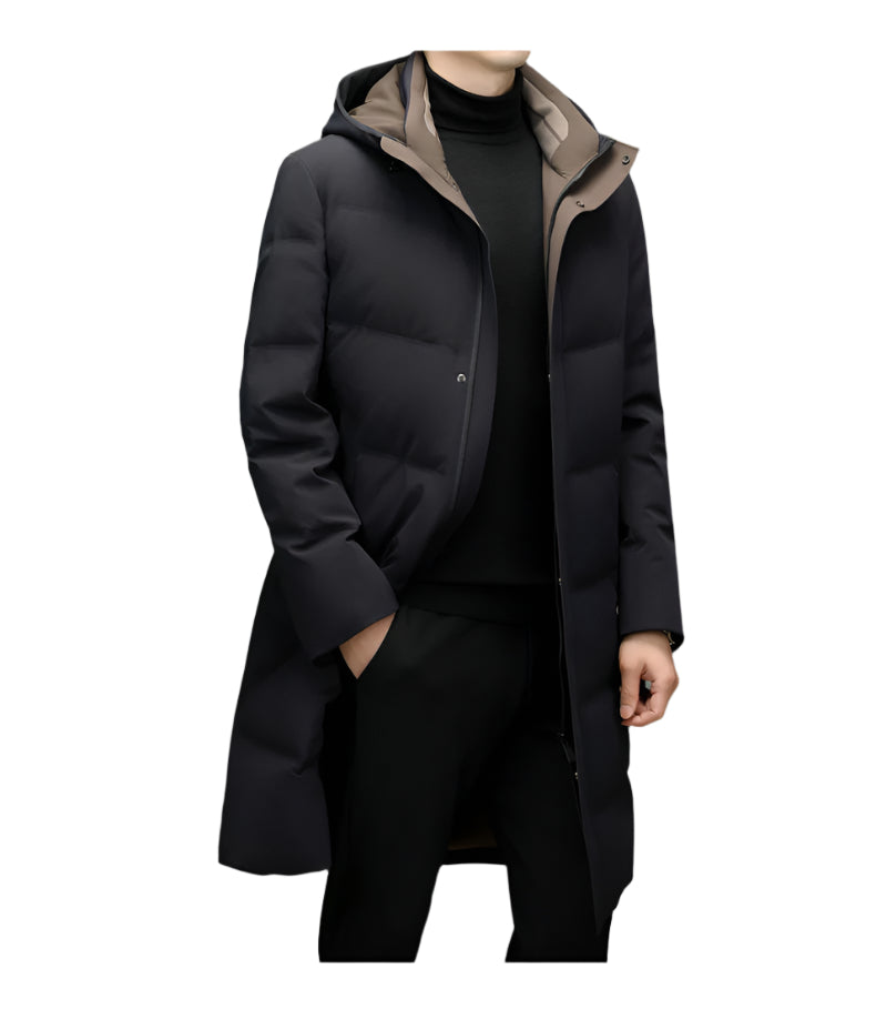 A side view of a man wearing a black puffer coat with a hood, showcasing the sleek quilted design and structured fit