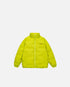 Product shots of yellow puffer jacket showing front and back logo detail