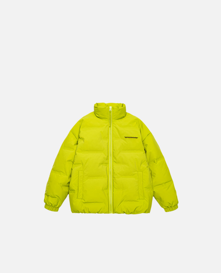 Product shots of yellow puffer jacket showing front and back logo detail