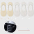 Five no-show socks arranged in a row: two cream, three white. Non-slip grip detail shown below. Color indicators included