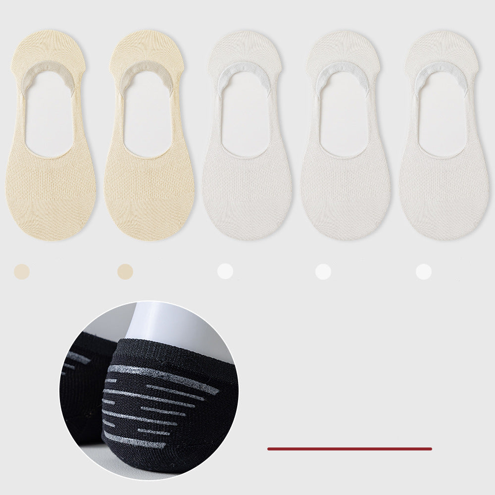 Five no-show socks arranged in a row: two cream, three white. Non-slip grip detail shown below. Color indicators included