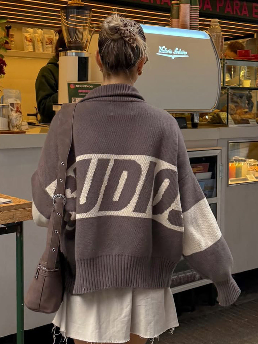 Retro Jacquard Letter Zip Up Sweater – Sporty Colorblock Knit Cardigan