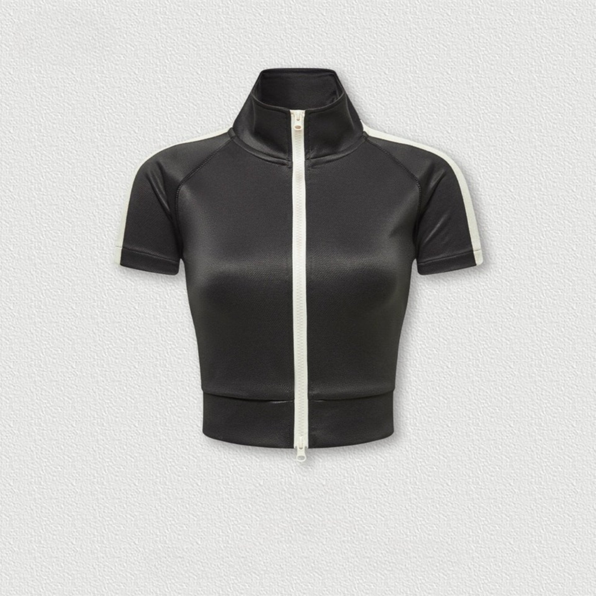 Dark Gray mock neck crop top with front zip and white sleeve stripes