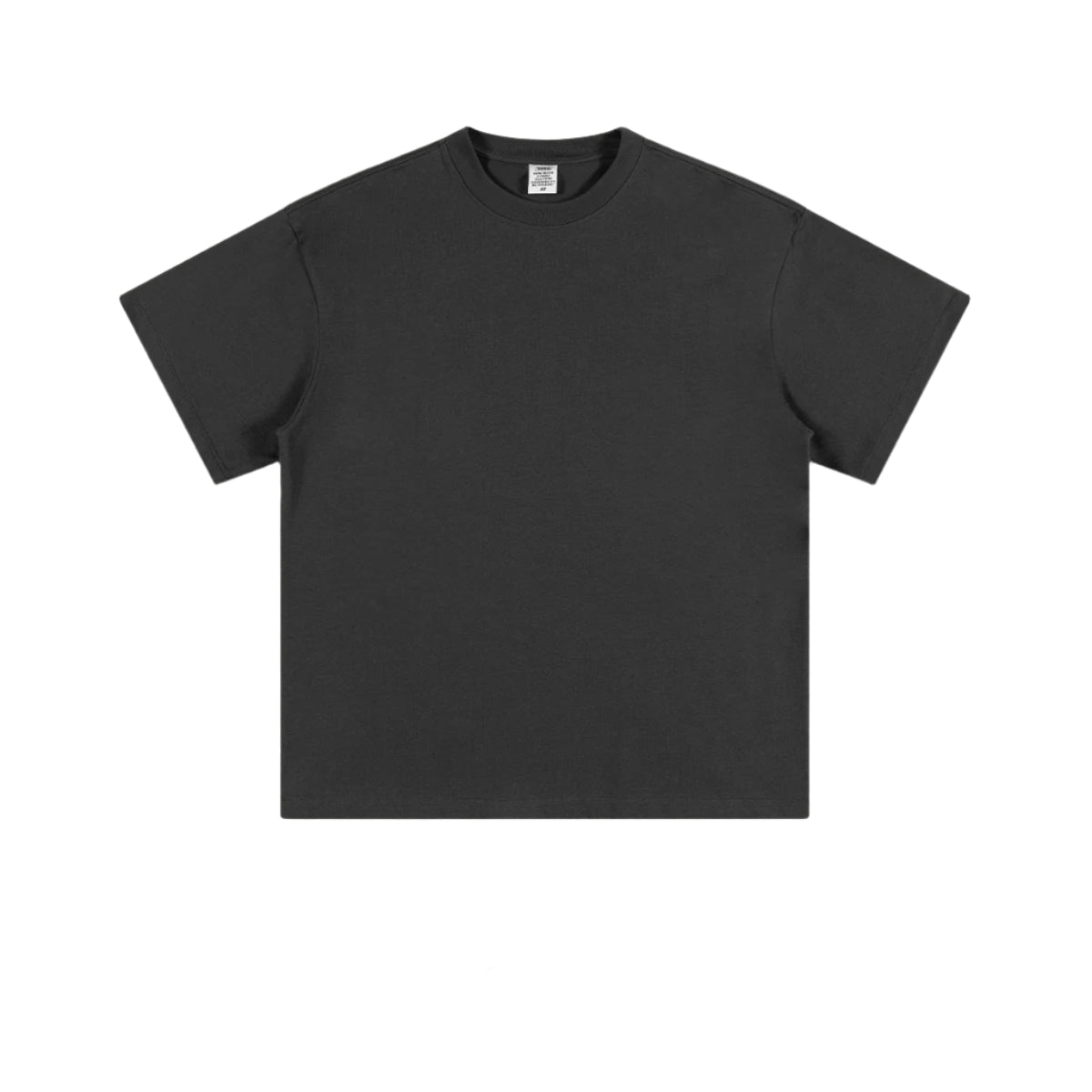 Charcoal gray crew neck t-shirt with short sleeves and relaxed fit, displayed against white background