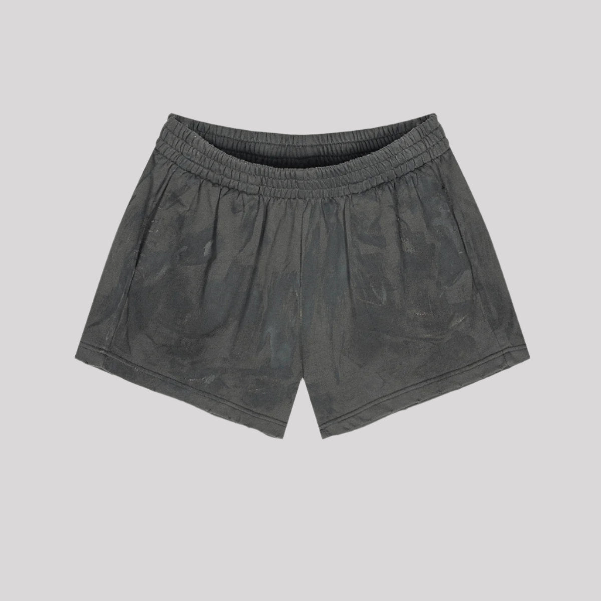 Dark gray cotton shorts with elastic waistband featuring subtle washed texture effect